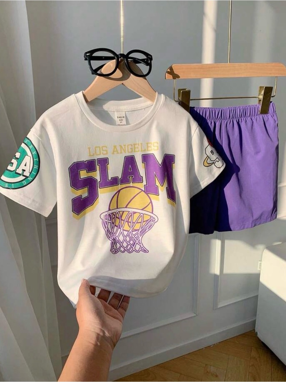 SHEIN White Tee with Purple & Yellow Basketball Graphic